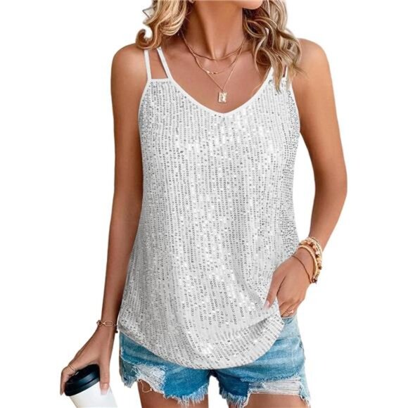 Womens Sequin Tops V Neck Tank Tops White - Picture 1 of 6